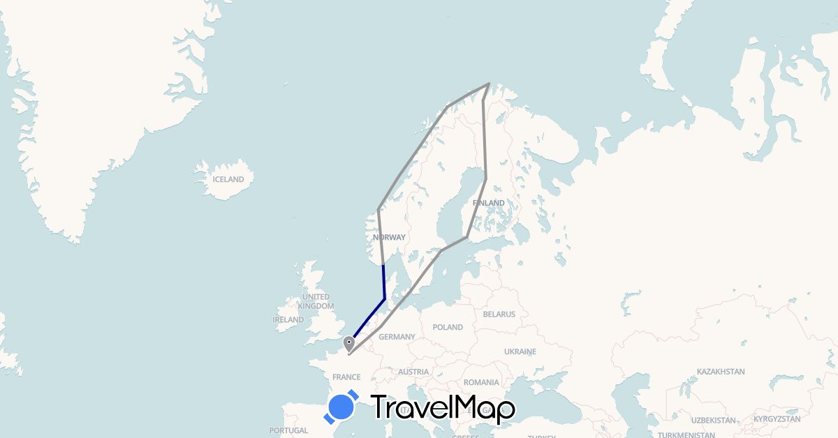 TravelMap itinerary: driving, plane in Germany, Denmark, Finland, France, Norway, Sweden (Europe)