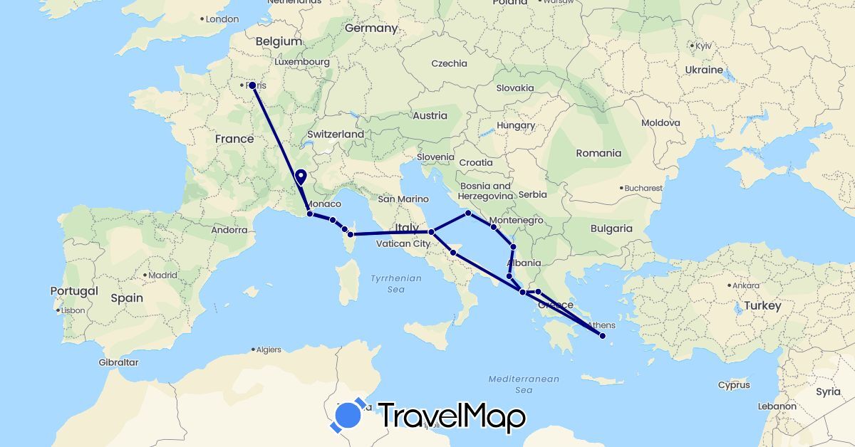 TravelMap itinerary: driving, plane in Albania, France, Greece, Croatia, Italy (Europe)
